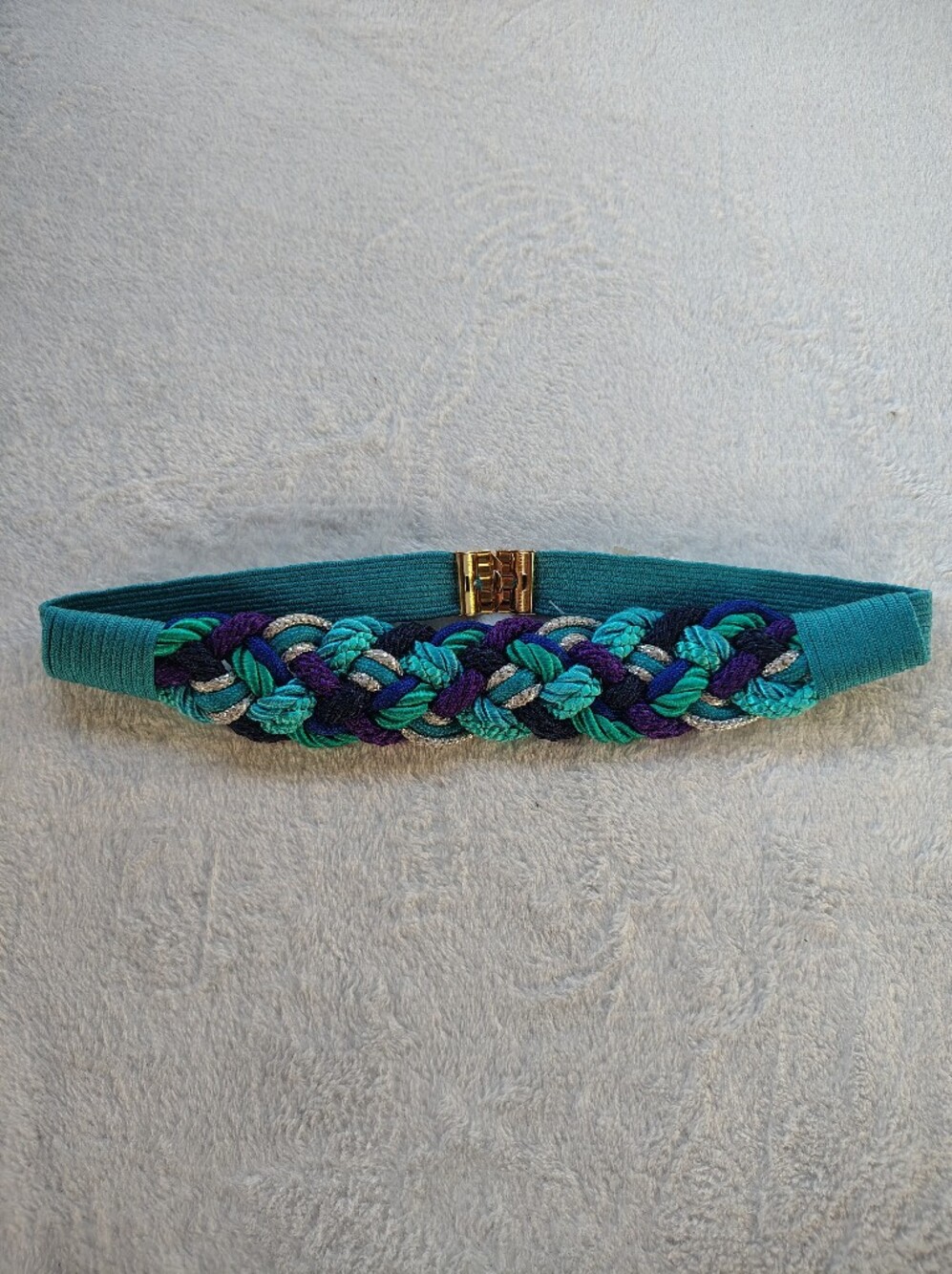 Braided Vintage Teal Elastic Waist Belt with Multicolor Accent